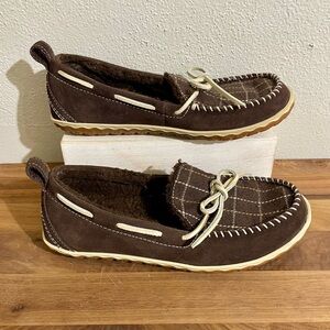L.L. Bean Brown Plaid Moccasin Slippers Shearling Style Women’s Size 8